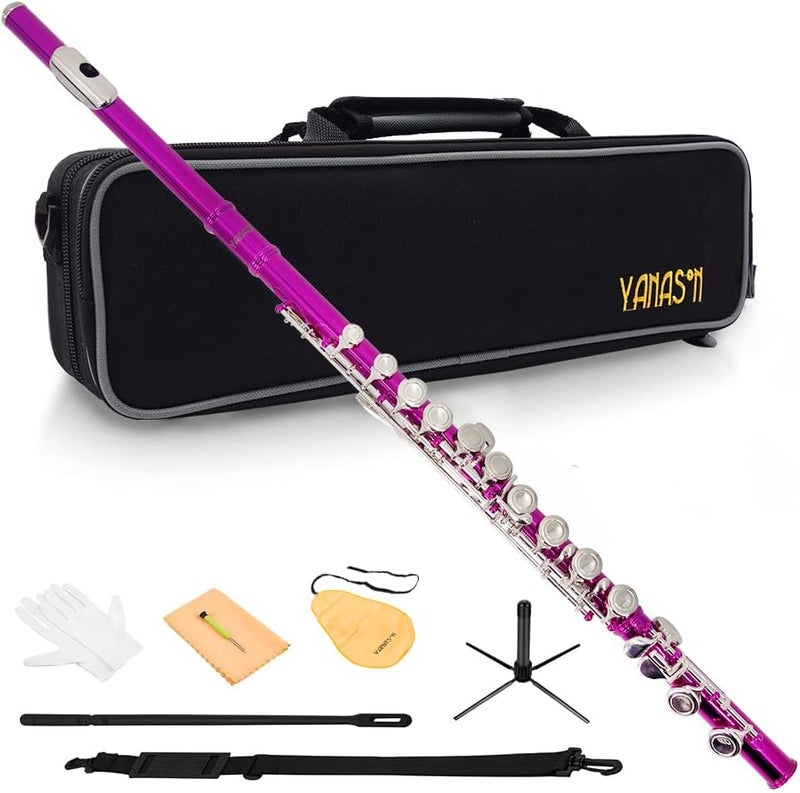 YANASON Pink C Flute Closed Hole 16 Keys Flute Nickel-Plated for Beginner, Student and Professionals with Carrying case, Metal stand, Gloves, Tuning Rod, Cleaning kit(Pink) - Image 1